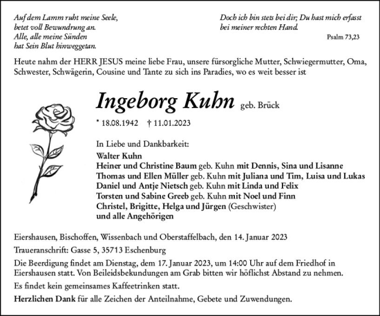 Traueranzeige von Ingeborg Kuhn von Dill Block