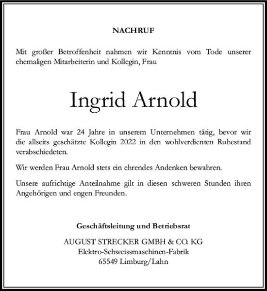 Traueranzeige von Ingrid Arnold von Nassauische Neue Presse