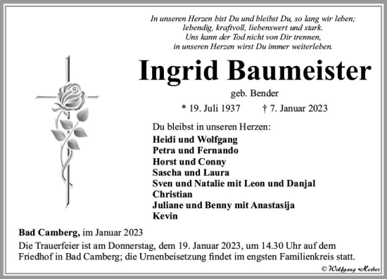 Traueranzeige von Ingrid Baumeister von Camberger Anzeiger