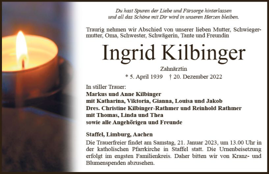 Traueranzeige von Ingrid Kilbinger von Nassauische Neue Presse