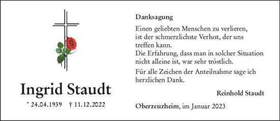 Traueranzeige von Ingrid Staudt von Nassauische Neue Presse