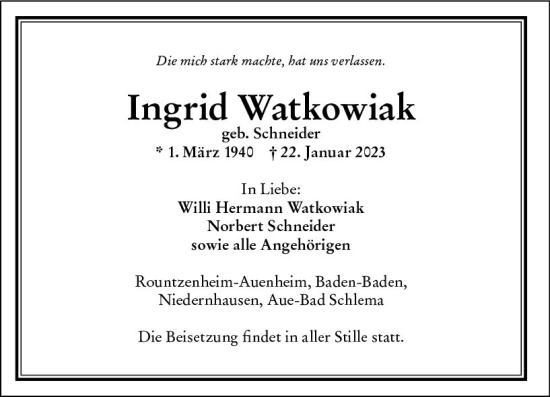 Traueranzeige von Ingrid Watkowiak von Idsteiner Land / Untertaunus Kurier