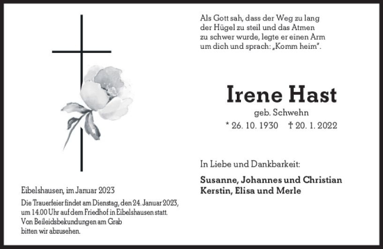 Traueranzeige von Irene Hast von Dill Block