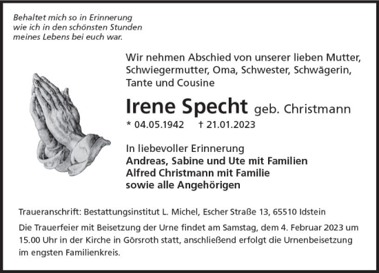 Traueranzeige von Irene Specht von Idsteiner Land / Untertaunus Kurier