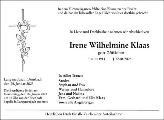 Traueranzeige von Irene Wilhelmine Klaas von Dill Block