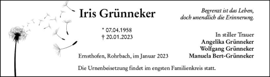 Traueranzeige von Iris Grünneker von Darmstädter Echo