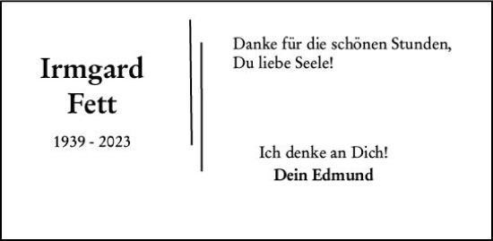 Traueranzeige von Irmgard Fett von VRM Trauer