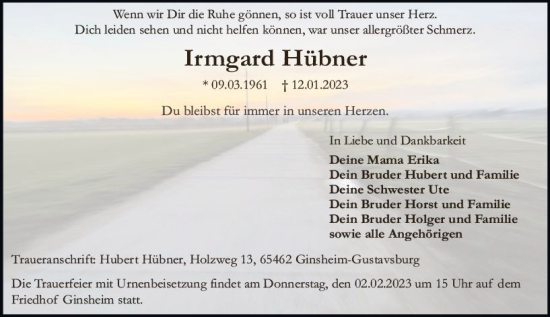 Traueranzeige von Irmgard Hübner von Rüsselsheimer Echo