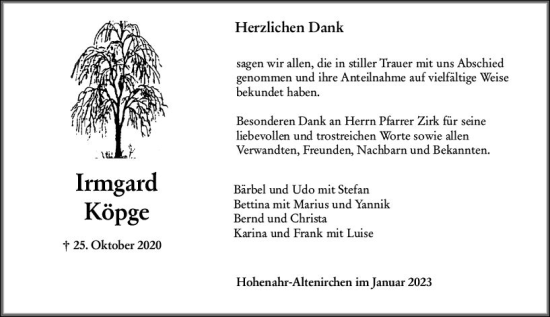 Traueranzeige von Irmgard Köpge von Wetzlarer Neue Zeitung