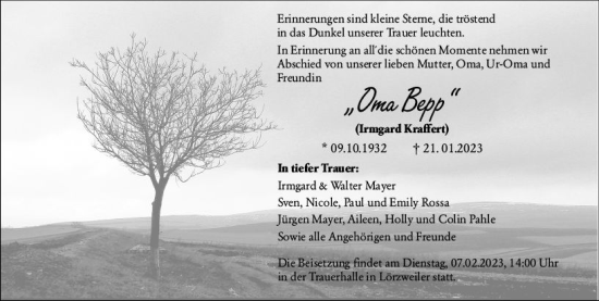 Traueranzeige von Irmgard Kraffert von Allgemeine Zeitung Mainz