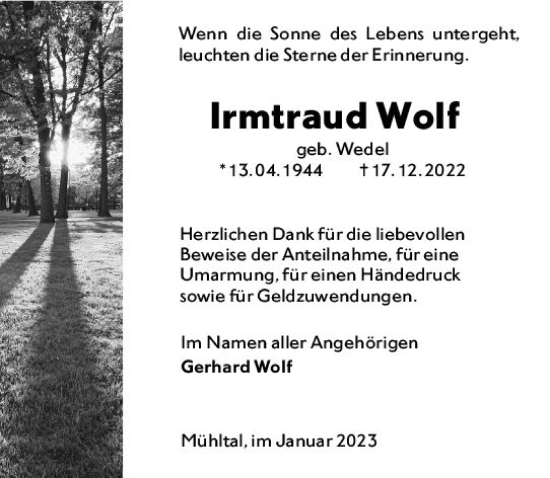 Traueranzeige von Irmtraud Wolf von Darmstädter Echo