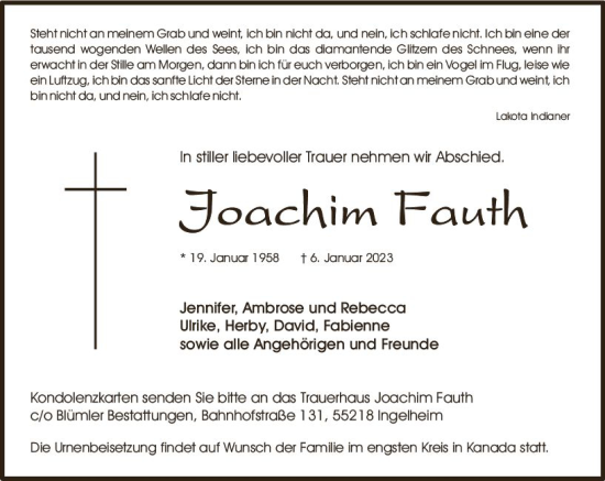 Traueranzeige von Joachim Fauth von Allgemeine Zeitung Ingelheim-Bingen