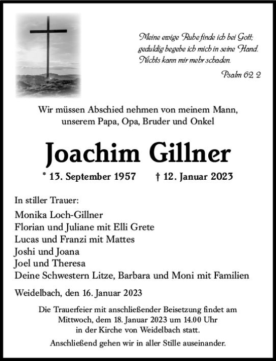 Traueranzeige von Joachim Gillner von Dill Block