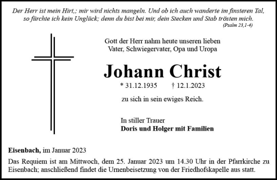 Traueranzeige von Johann Christ von Camberger Anzeiger