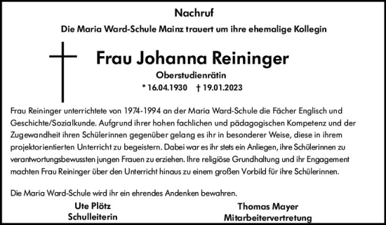Traueranzeige von Johanna Reininger von Allgemeine Zeitung Mainz
