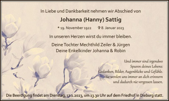 Traueranzeige von Johanna Sattig von DieburgerAnzeiger/Groß-Zimmerner Lokalanzeiger