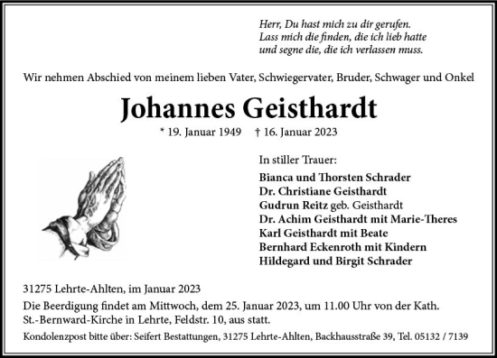 Traueranzeige von Johannes Geisthardt von Wiesbadener Kurier gesamt