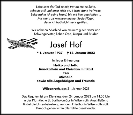 Traueranzeige von Josef Hof von Nassauische Neue Presse