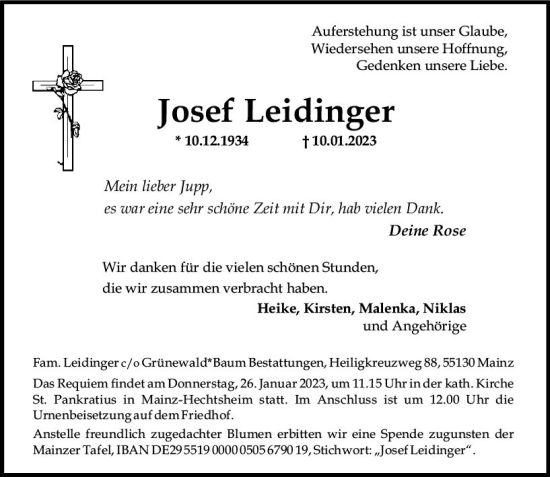 Traueranzeige von Josef Leidinger von Allgemeine Zeitung Mainz