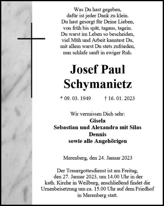 Traueranzeige von Josef Paul Schymanietz von Weilburger Tageblatt