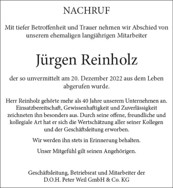 Traueranzeige von Jürgen Reinholz von Wetzlarer Neue Zeitung