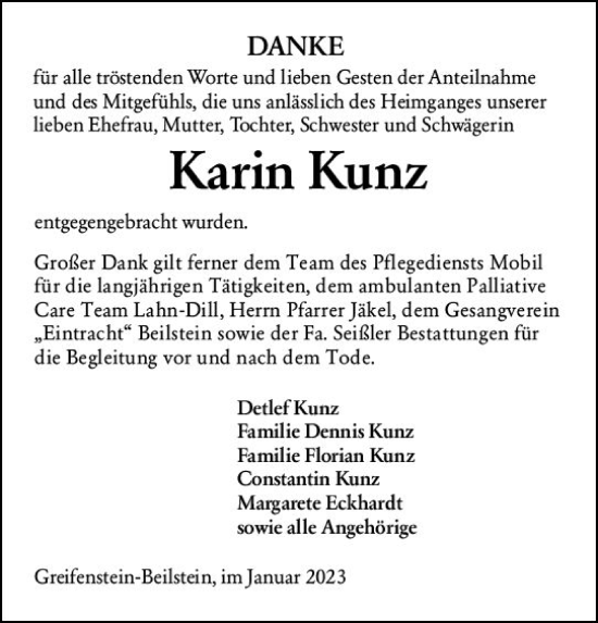 Traueranzeige von Karin Kunz von Dill Block
