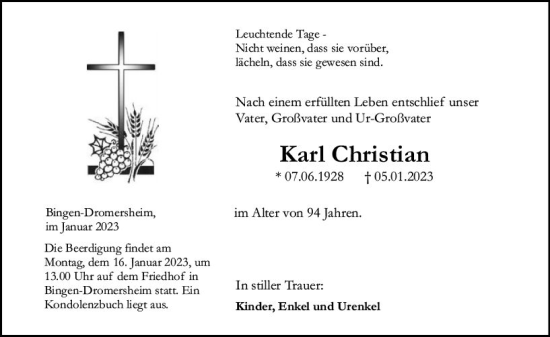 Traueranzeige von Karl Christian von Allgemeine Zeitung Ingelheim-Bingen