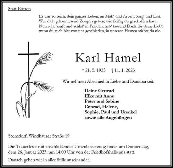 Traueranzeige von Karl Hamel von VRM Trauer