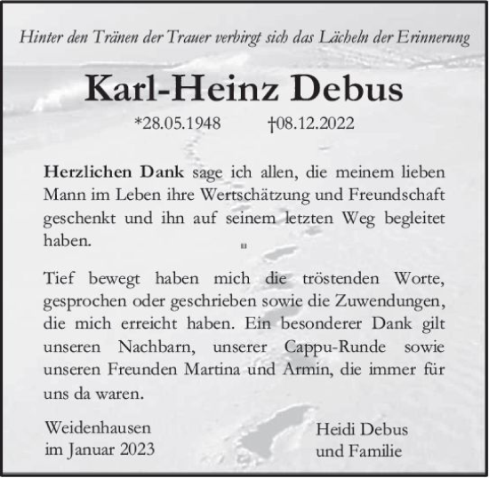 Traueranzeige von Karl-Heinz Debus von Wetzlarer Neue Zeitung