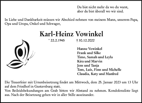 Traueranzeige von Karl-Heinz Vowinkel von Allgemeine Zeitung Mainz