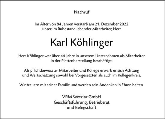 Traueranzeige von Karl Köhlinger von Hinterländer Anzeiger
