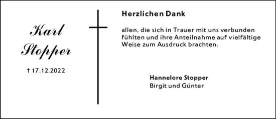 Traueranzeige von Karl Stopper von Wochenblick Mainspitze