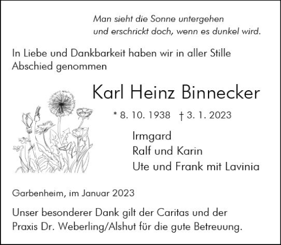 Traueranzeige von Karl Heinz Binnecker von Wetzlarer Neue Zeitung