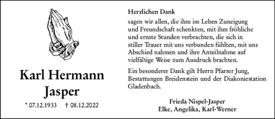 Traueranzeige von Karl Hermann Jasper von Hinterländer Anzeiger