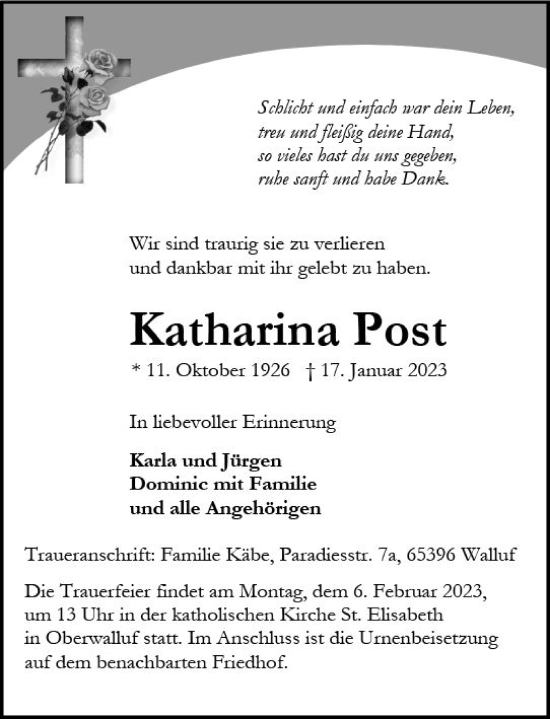 Traueranzeige von Katharina Post von Wiesbadener Kurier gesamt