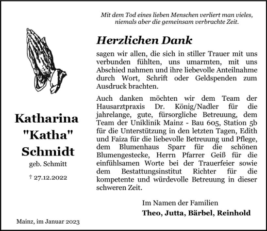 Traueranzeige von Katharina Schmidt von Allgemeine Zeitung Mainz