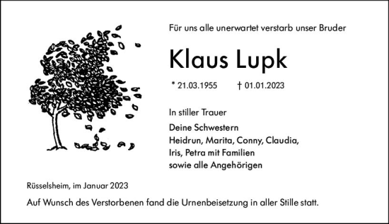 Traueranzeige von Klaus Lupk von Rüsselsheimer Echo