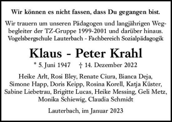 Traueranzeige von Klaus-Peter Krahl von VRM Trauer