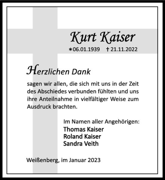 Traueranzeige von Kurt Kaiser von Dill Block
