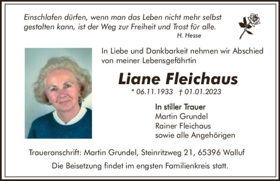 Traueranzeige von Liane Fleichaus von WK Rheingau