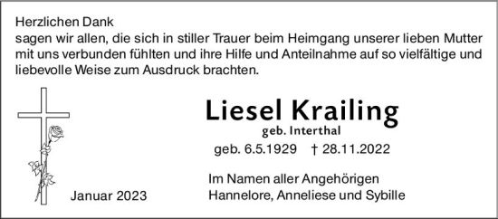 Traueranzeige von Liesel Krailing von Hinterländer Anzeiger