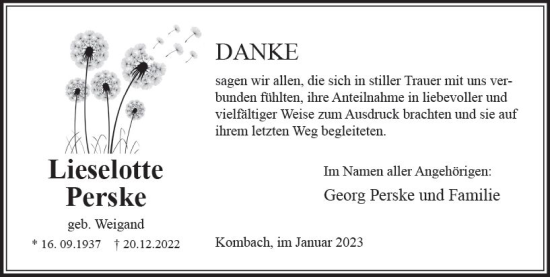 Traueranzeige von Lieselotte Perske von Hinterländer Anzeiger