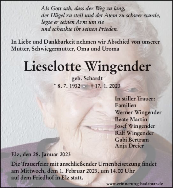 Traueranzeige von Lieselotte Wingender von Nassauische Neue Presse