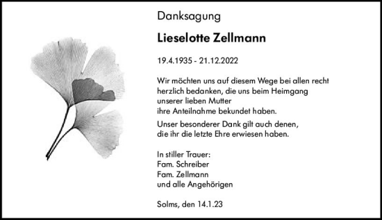 Traueranzeige von Lieselotte Zellmann von Wetzlarer Neue Zeitung