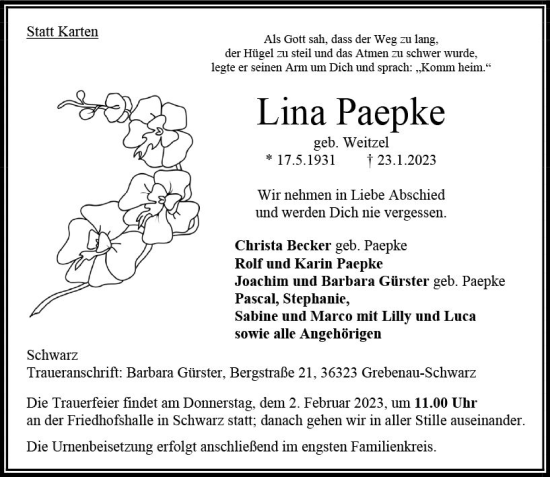Traueranzeige von Lina Paepke von VRM Trauer