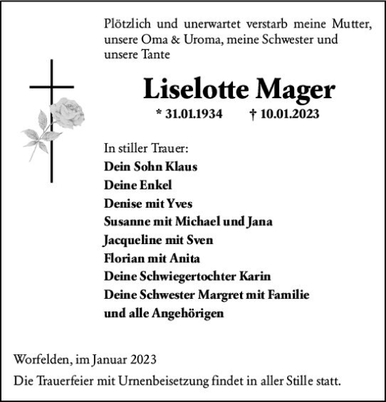 Traueranzeige von Liselotte Mager von Darmstädter Echo