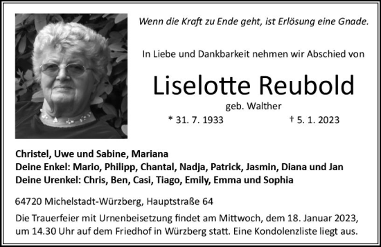 Traueranzeige von Liselotte Reubold von Odenwälder Echo