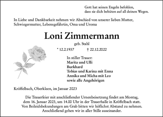 Traueranzeige von Loni Zimmermann von Wetzlarer Neue Zeitung