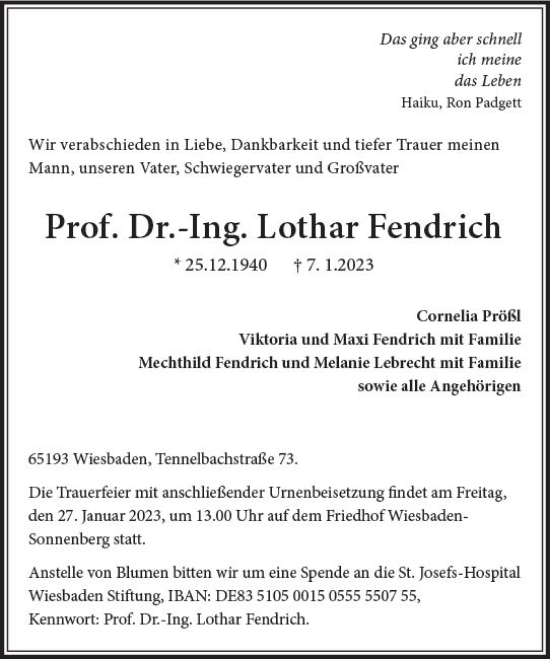Traueranzeige von Lothar Fendrich von Wiesbadener Kurier gesamt