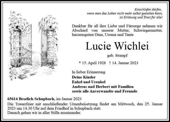 Traueranzeige von Lucie Wichlei von Weilburger Tageblatt